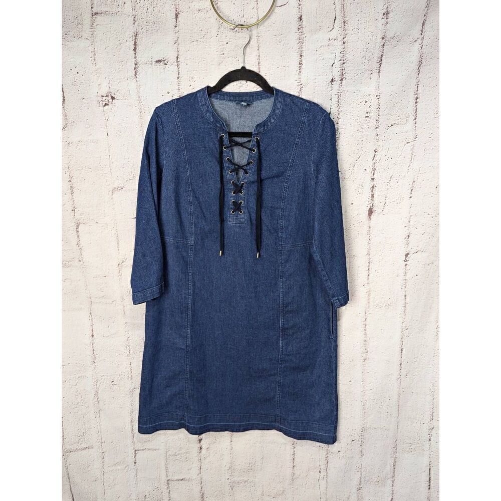 J Jill Denim Womens Shift Dress Blue Lace Up Tethered Hem 3/4 Sleeves Sz M Mediu